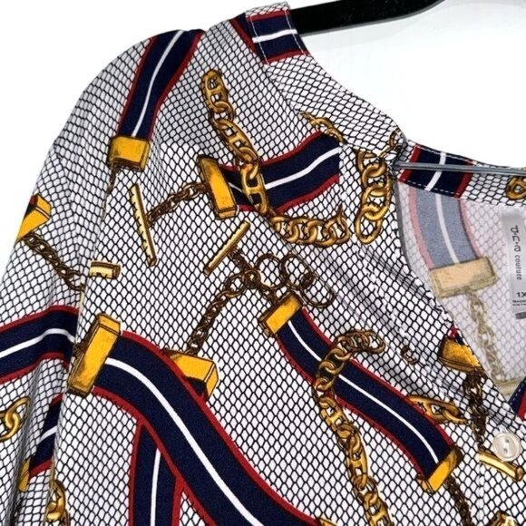 D.N.A Couture Womens 1X Chain & Stripe Print Blouse With Button Accents Long Sle - Picture 3 of 10